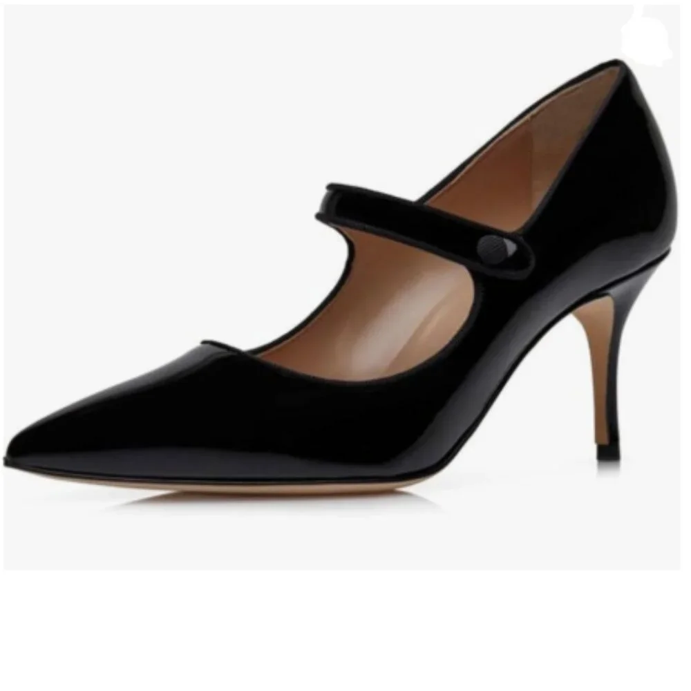 Zszszsu Black Mary Jane Pump Pointed Toe Mid Heels Ankle Strap Dress Shoes